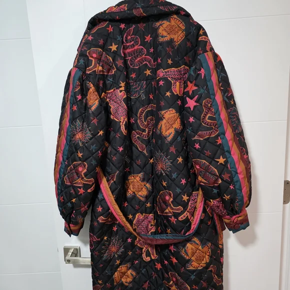 Farm Rio Quilted Star & Animal Print Coat - Black with Pink & Orange - Picture 3 of 7